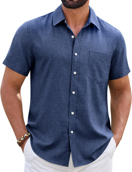 HOTMens Linen Shirt Short Sleeve Wrinkle Free Casual Untucked Button Down Shirts Beach Breathable Tops Summer