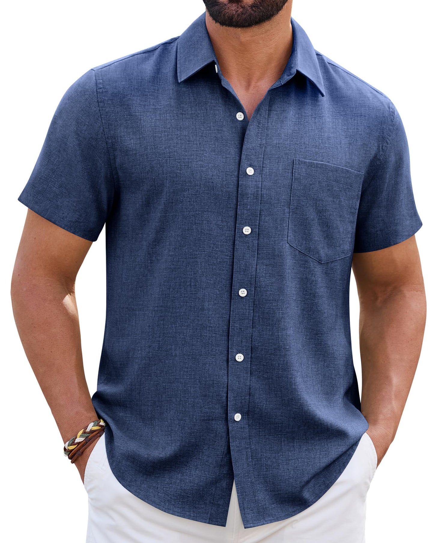HOTMens Linen Shirt Short Sleeve Wrinkle Free Casual Untucked Button Down Shirts Beach Breathable Tops Summer