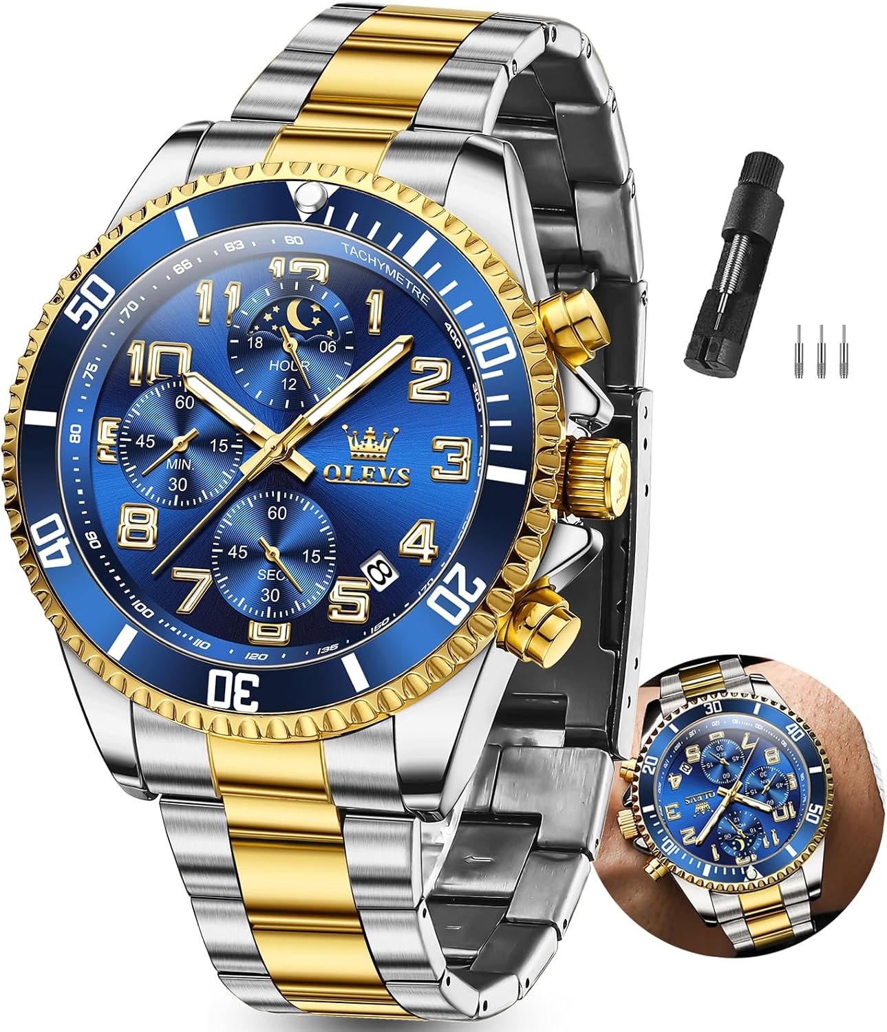 HOTOLEVS Watches Men Waterproof Luxury Big Face Mens Watch Stainless Steel Day Date Quartz Analog Dress Watches for Men Luminous Reloj para Hombres (Green/Blue/Black/Gold)