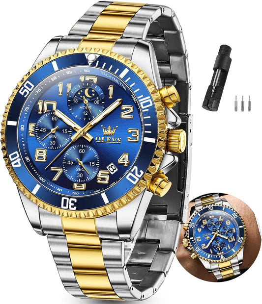 HOTOLEVS Watches Men Waterproof Luxury Big Face Mens Watch Stainless Steel Day Date Quartz Analog Dress Watches for Men Luminous Reloj para Hombres (Green/Blue/Black/Gold)