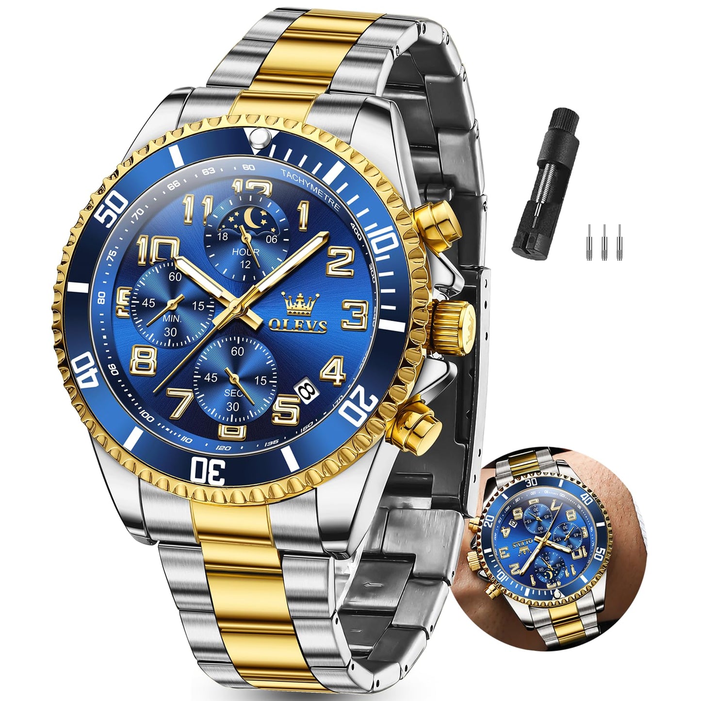 HOTOLEVS Watches Men Waterproof Luxury Big Face Mens Watch Stainless Steel Day Date Quartz Analog Dress Watches for Men Luminous Reloj para Hombres (Green/Blue/Black/Gold)