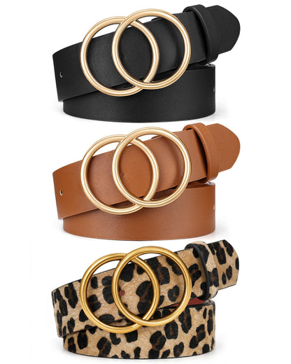 HOTXZQTIVE 3 Packs Women's Leather Belts For Jeans Dresses Pants Fashion Ladies Waist Belt with Double O-Ring Gold Buckle