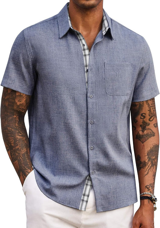 HOTCOOFANDY Men's Button Down Shirts Short Sleeve Casual Summer Beach Vacation Wedding Shirt with Pocket