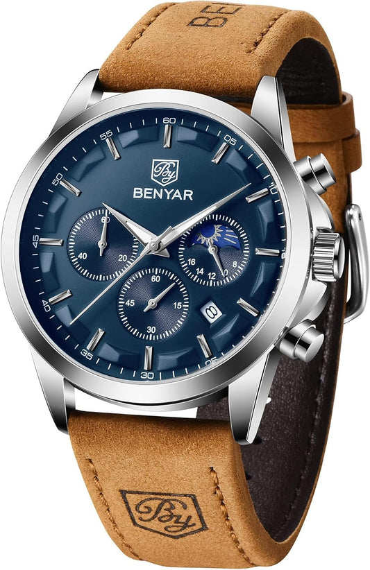 HOTBENYAR Mens Watches Analog Quartz Chronograph Waterproof Wrist Watches for Men Fashion Business Work Casual Sport Designer Dress Watch with Calendar Elegant Gifts for Men