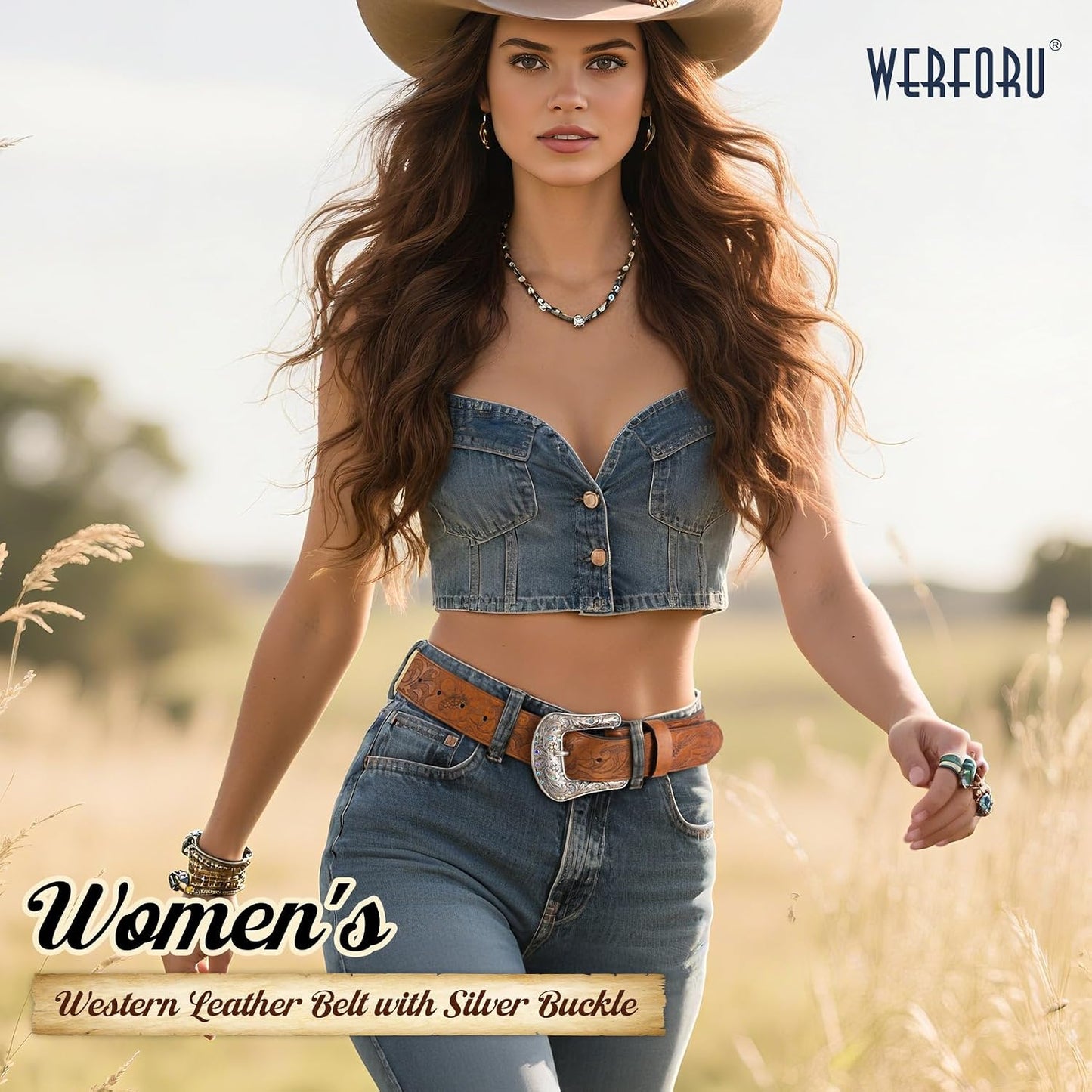 HOTWERFORU 2 Pack Women Western Leather Belts for Jeans Western Belts with Big Buckle Country Belts for Cowgirls