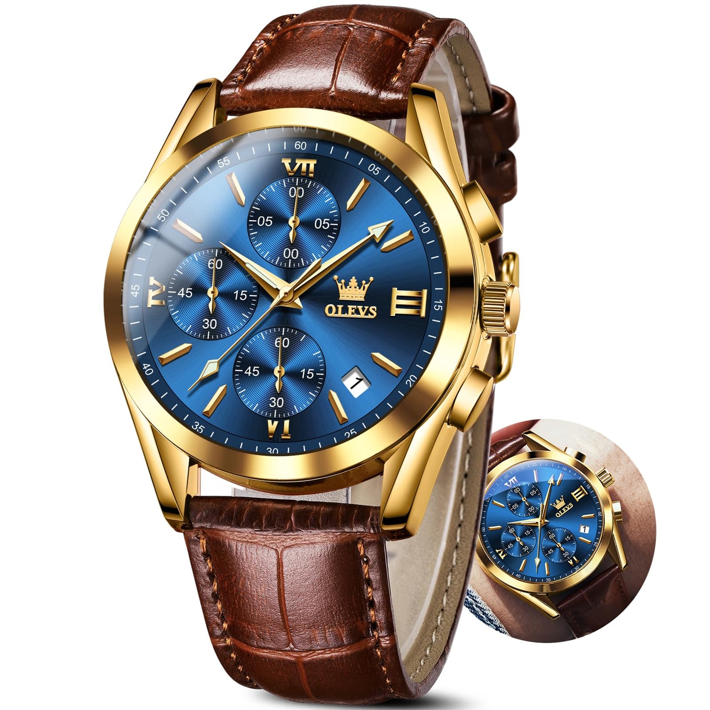 HOTOLEVS Men's Watches Brown Leather with Date,Casual Watches for Men,Large Face Watches Men,Chronograph Mens Watch,Sport Waterproof Business Dress Analog Quartz Men's Wrist Watches Reloj De Hombre