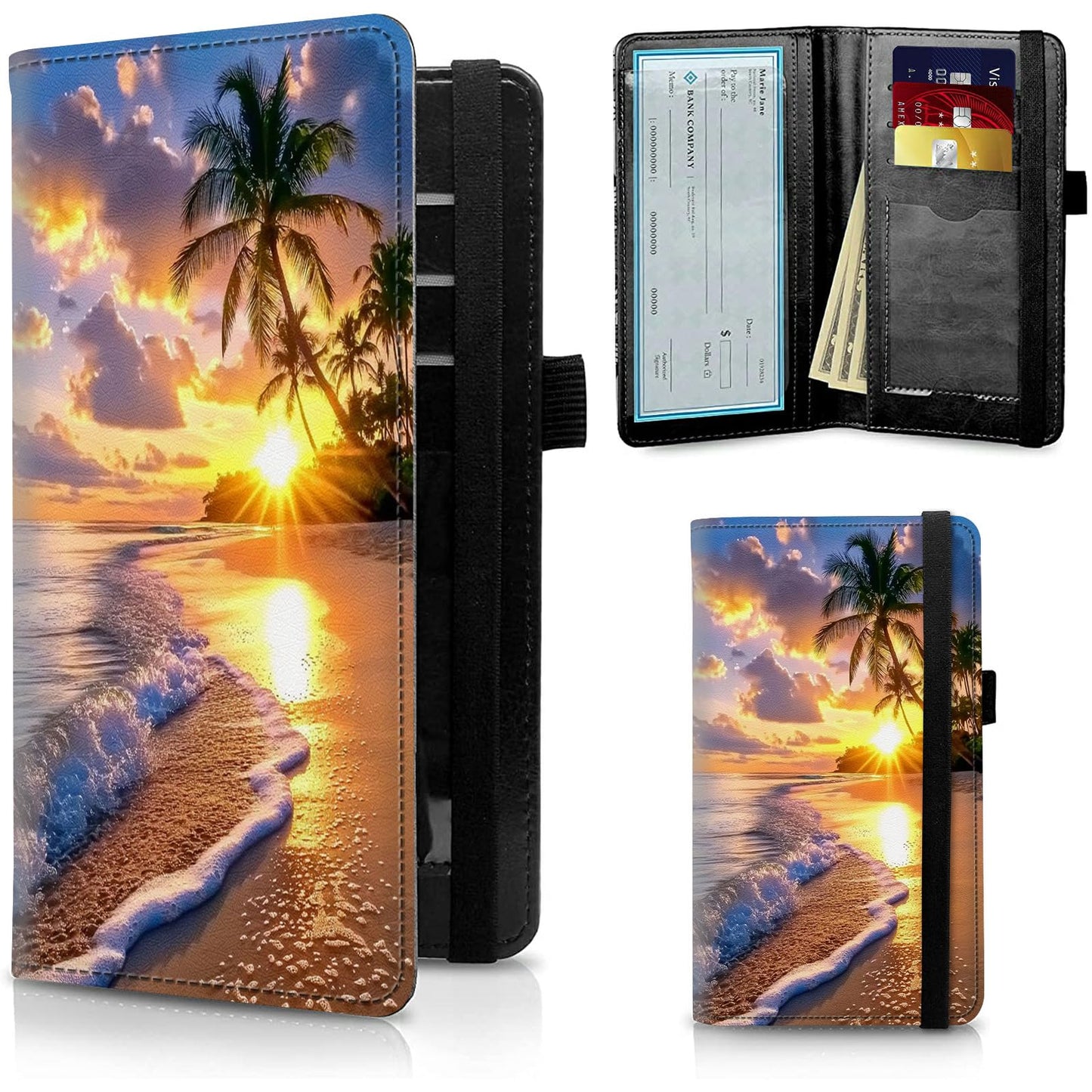 HOTFUYOCWE Leather Checkbook Cover for Men Women Check book Holder Cover for Personal Checkbook Checks with RFID Blocking & Elastic Strap-Bald Eagle with Flag