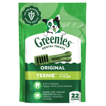 HOTGreenies Teenie Original Natural Dental Dog Treats, Chicken, 130 Count | Clinically-proven, veterinarian-recommended, 47% less tartar & 40% less plaque in 28 days, for dogs 5-15 lbs, 36 oz. Pack