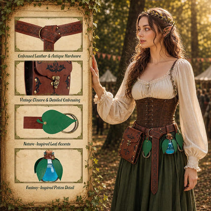 HOT5 PCS Renaissance Accessories-Medieval Potion Belt Set | Medieval Fantasy Style, Forest Leaf Accents, Ranger, Elf, Witch, Pirate, Viking,Renaissance Accessories,Ren Faire Accessories