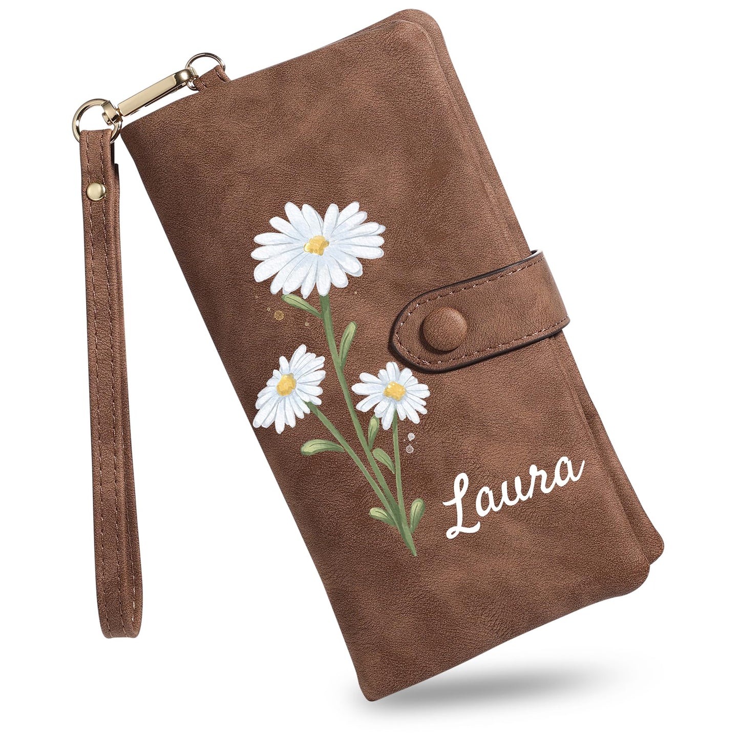 HOTMMXX Personalized Floral Wallet for Women PU Leather Wallet Wristlet with Birth Flower and Name Large Capacity Floral Purse Birthday Gifts for Mom Wife Girlfriend (A1)