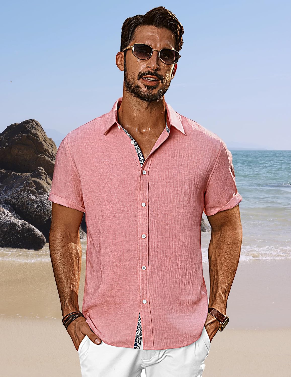 HOTPJ PAUL JONES Mens Short Sleeve Button Down Shirts Casual Summer Clothing | Linen Textured, Summer Beach Vacation Tops, Untucked Dress Shirt, Lightweight, Regular Fit, Fashion Resort Wear