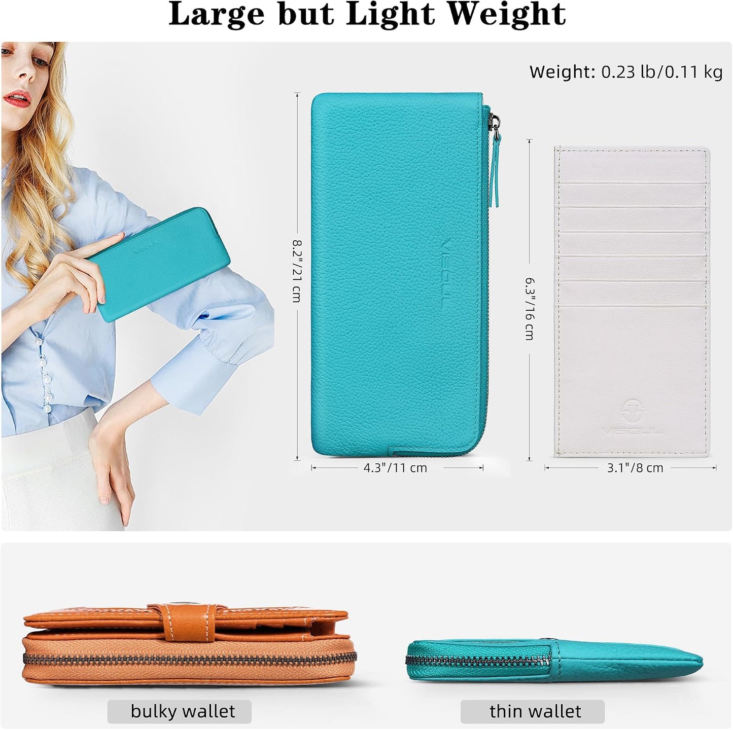 HOTVISOUL Long Zipper Cash Wallet for Women with Removable Credit Card Holder Soft Genuine Pebbled Leather Contrast Color-Lake Blue and Pearl