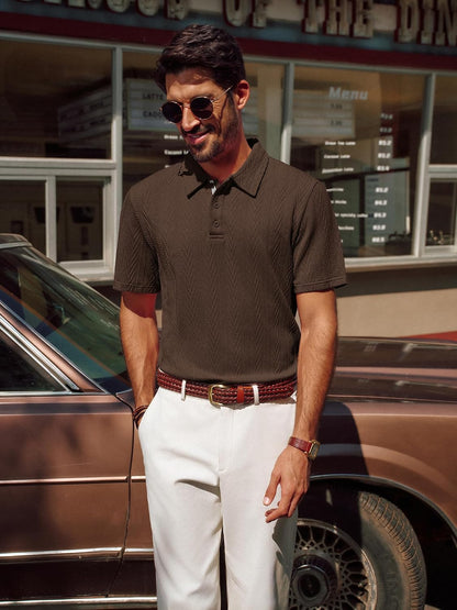 HOTPJ PAUL JONES Mens Polo Shirts Short Sleeve Knit Polo | Textured Knit Polo Shirt, Contrast Striped Placket, Golf Collared, Regular Fit, Stretchy, Wrinkle-free, Breathable, Old Money