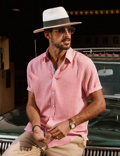 HOTPJ PAUL JONES Mens Short Sleeve Button Down Shirts Casual Summer Clothing | Linen Textured, Summer Beach Vacation Tops, Untucked Dress Shirt, Lightweight, Regular Fit, Fashion Resort Wear