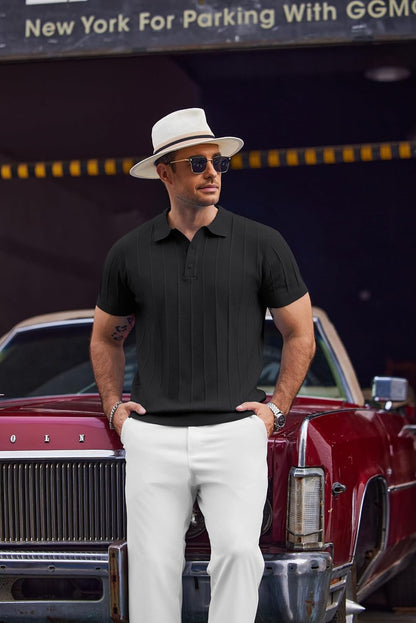 HOTCOOFANDY Mens Knit Polo Shirts Short Sleeve Ribbed Textured Polo Shirt Lightweight Casual Golf Shirts Collared T Shirt