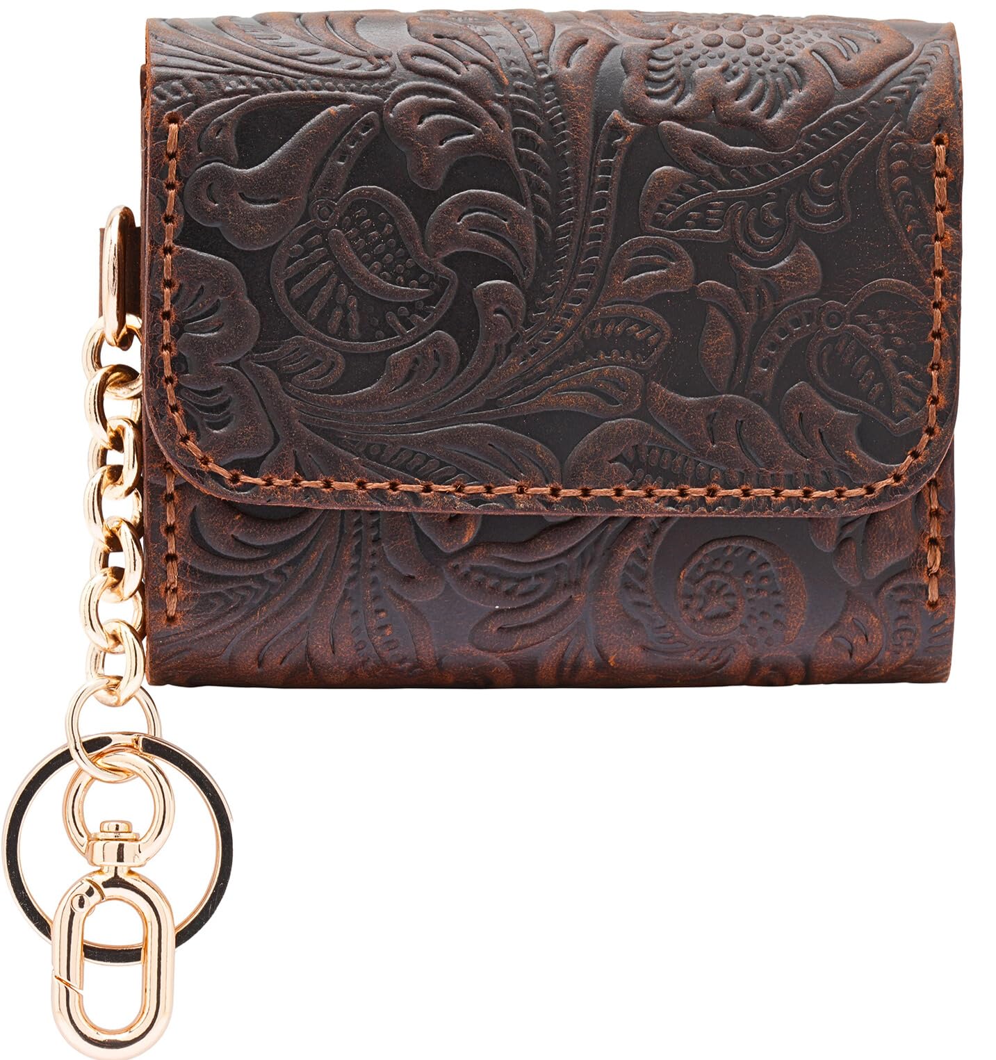 HOTHandmade Keychain Wristlet Wallets for Women, Western Floral Leather Small Credit Card Holder with Zipper, Minimalist & Cute Coin Pouch, Genuine Leather (Camel)