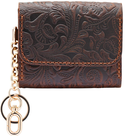 HOTHandmade Keychain Wristlet Wallets for Women, Western Floral Leather Small Credit Card Holder with Zipper, Minimalist & Cute Coin Pouch, Genuine Leather (Camel)