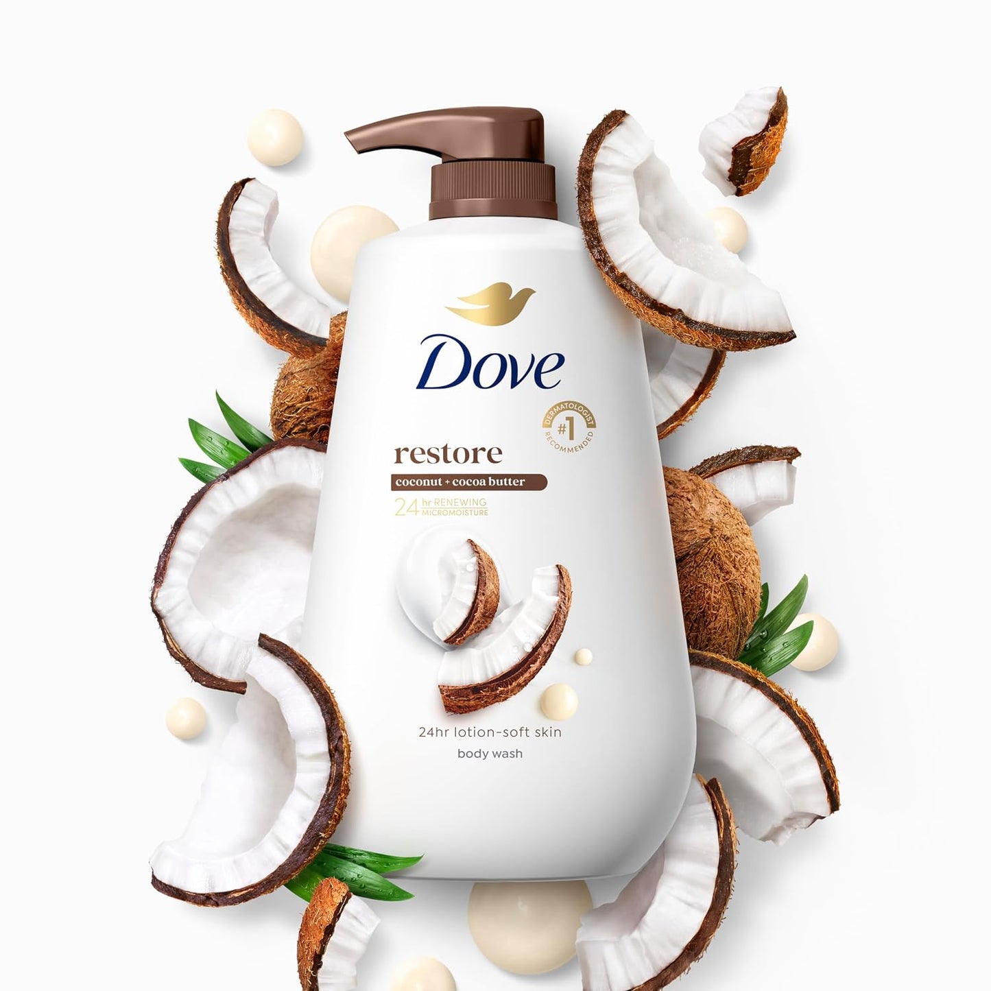 HOTDove 24hr Lotion Body Wash Restore Coconut & Cocoa Butter, 30.6 oz | Moisturizing body wash with MicroMoisture for 24-hour hydration and soft skin