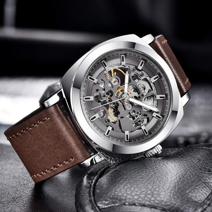 HOTBENYAR Men's Mechanical Automatic Watch | Leather Strap | Gold Movement | 45mm Skeleton Dial | Water Resistant and Scratch Resistant Stylish Gift