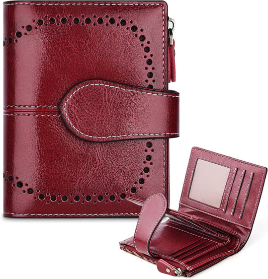 HOTGenuine Leather Wallets for Women RFID Protective Coin Purse Red | Credit Card Holder, with Coin Pocket, 16 Card Slots, 2 ID Slots, 2 Cash Pocket, Mini, Cute