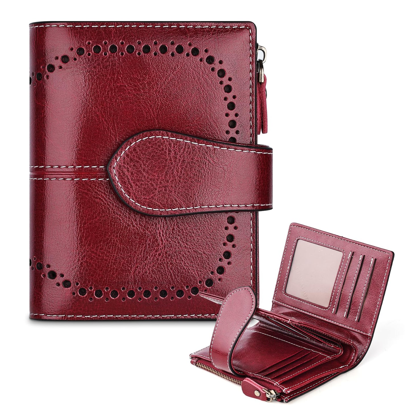 HOTGenuine Leather Wallets for Women RFID Protective Coin Purse Red | Credit Card Holder, with Coin Pocket, 16 Card Slots, 2 ID Slots, 2 Cash Pocket, Mini, Cute