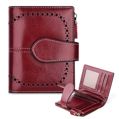 HOTGenuine Leather Wallets for Women RFID Protective Coin Purse Red | Credit Card Holder, with Coin Pocket, 16 Card Slots, 2 ID Slots, 2 Cash Pocket, Mini, Cute