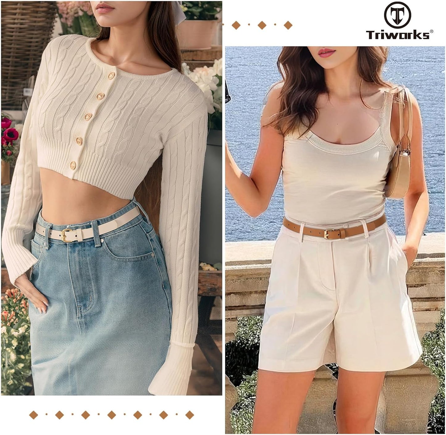 HOTTRIWORKS 3 Pack Women Skinny Leather Belt for Jeans Pants Dress Ladies Thin Waist Belt with Gold Buckle