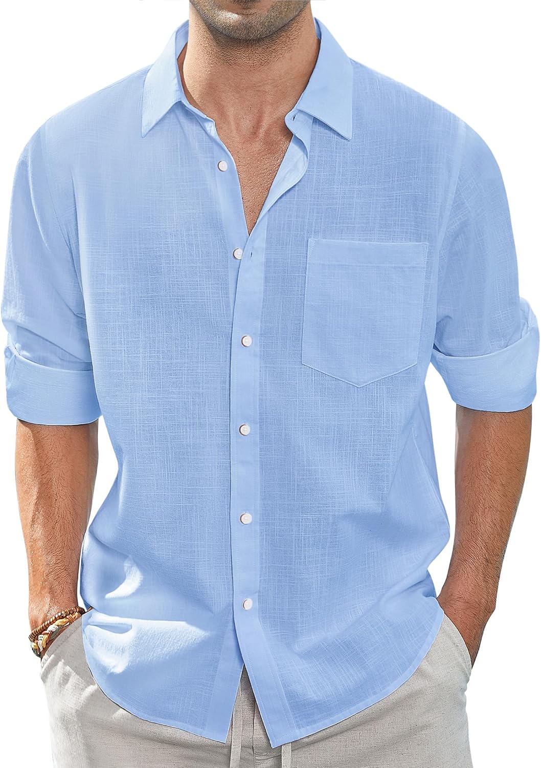 HOTJ.VER Men's Linen Shirts Casual Button Down Long Sleeve Shirt Solid Spread Collar Summer Beach Shirts with Pocket