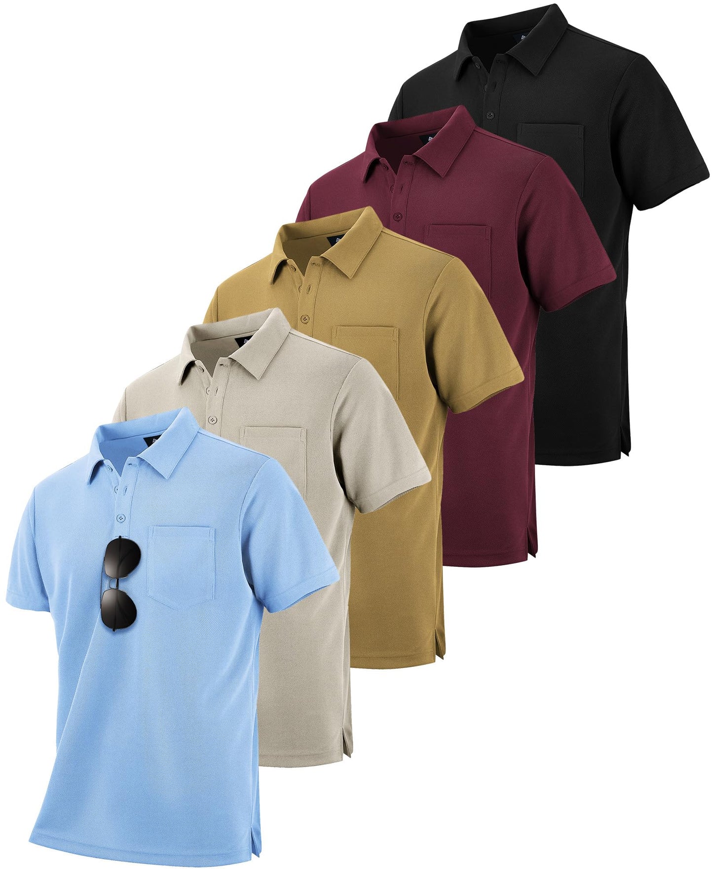 HOTZITY 5 Pack Polo Shirts for Men with Pocket Dry Quickly Short Sleeve Athletic Outdoor Work Collared Shirts