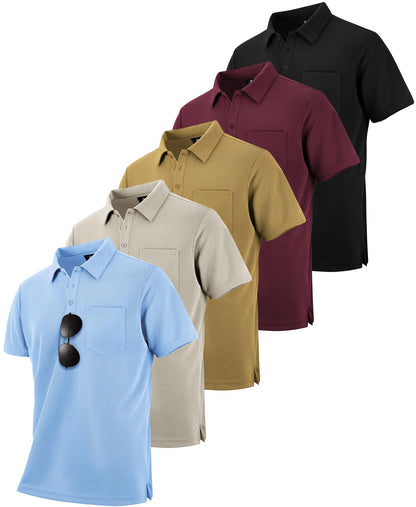HOTZITY 5 Pack Polo Shirts for Men with Pocket Dry Quickly Short Sleeve Athletic Outdoor Work Collared Shirts