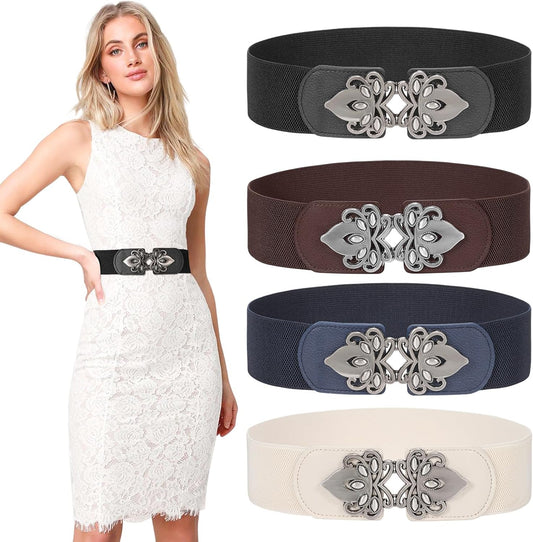 HOTLEACOOLKEY 4 Pack Women Wide Elastic Waist Belt for Dress Plus Size Vintage Stretch Belt Retro Buckle 2.36" Width