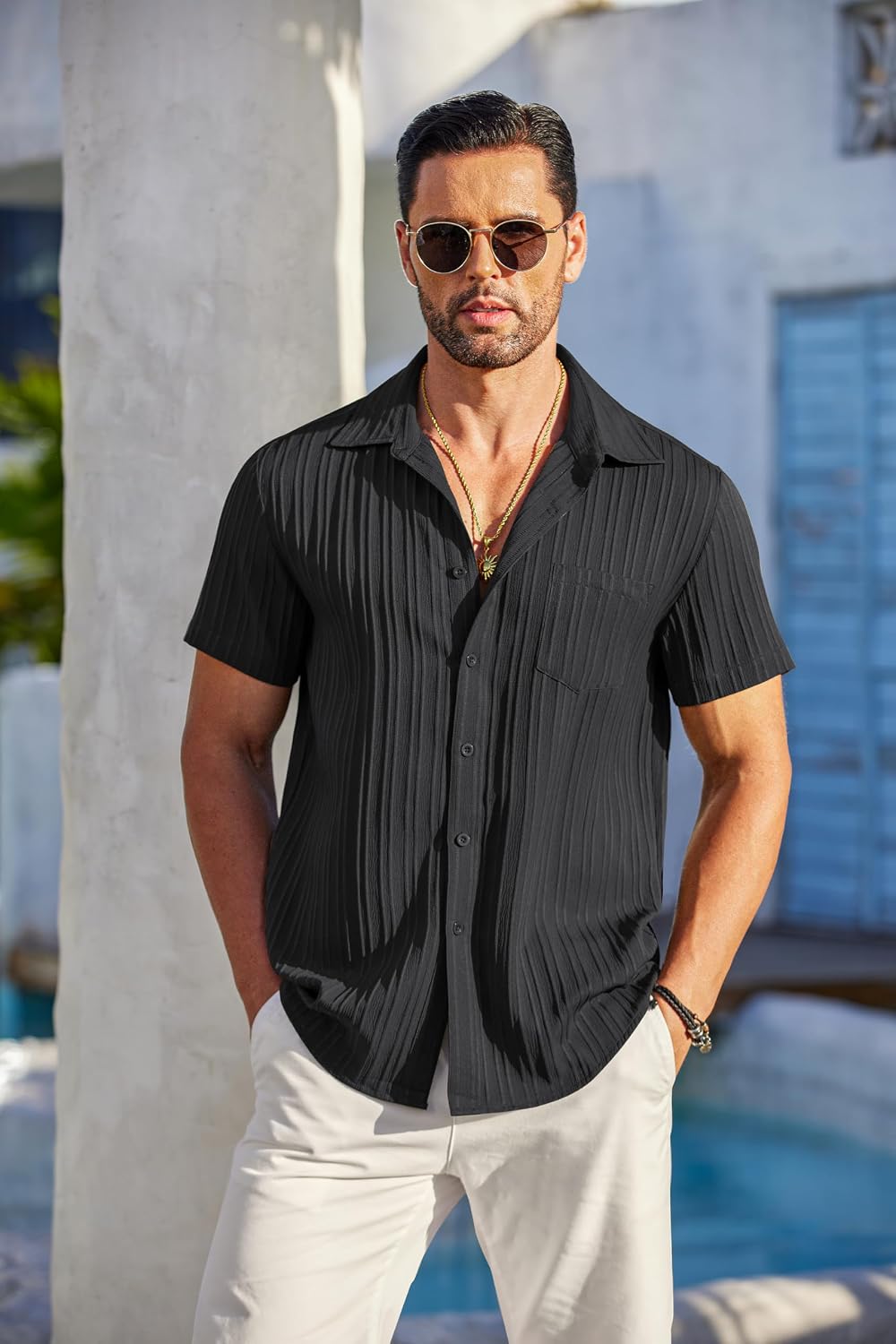 HOTCOOFANDY Men's Casual Button Down Shirts Short Sleeve Textured Summer Beach Shirt with Pocket