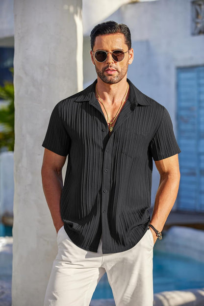 HOTCOOFANDY Men's Casual Button Down Shirts Short Sleeve Textured Summer Beach Shirt with Pocket