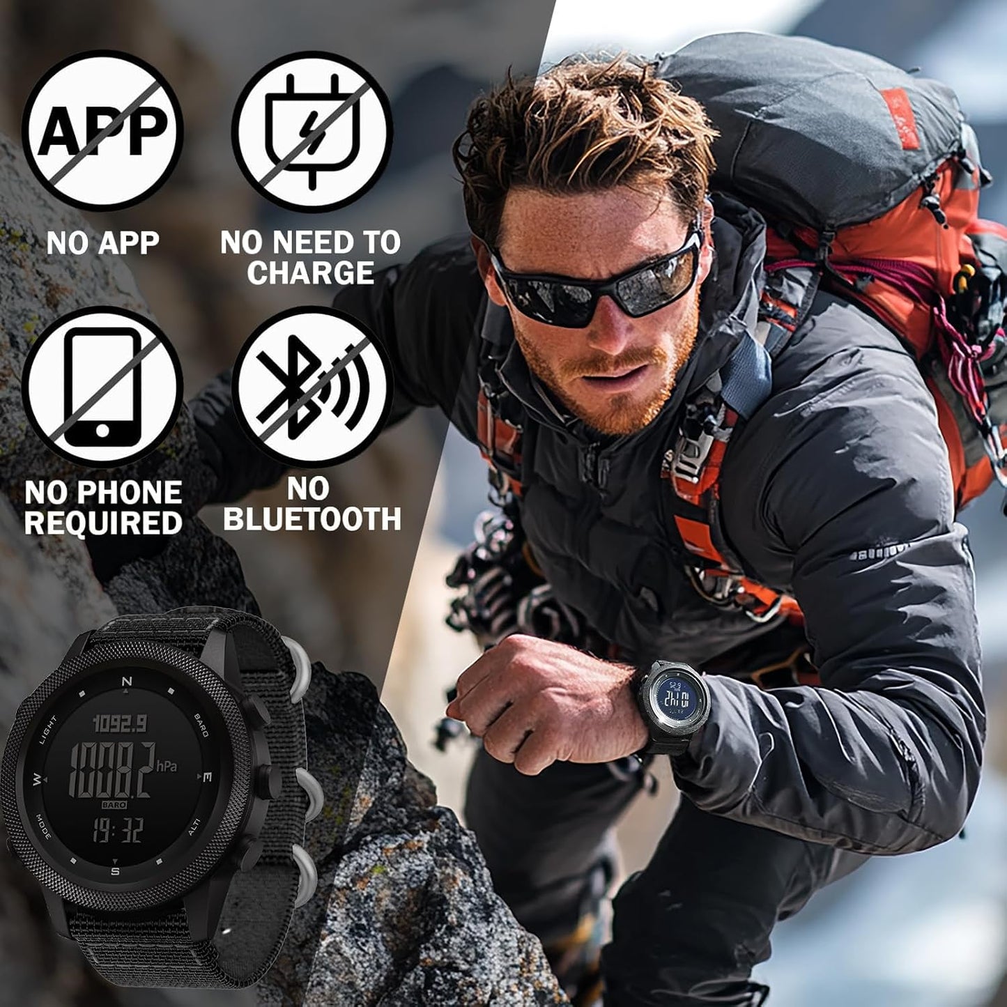 HOTNORTH EDGE Military Watch for Men Large Face Tactical Survival Digital Wrist Watch with Altimeter, Compass, Barometer, Waterproof, Pedometer for Outdoor Sports & Hiking (Apache)
