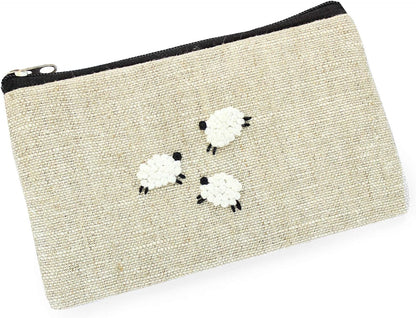 HOTEmbroidered sheep coin purse Small lamb wallet Linen zippered pouch for women Change wallet