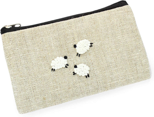 HOTEmbroidered sheep coin purse Small lamb wallet Linen zippered pouch for women Change wallet