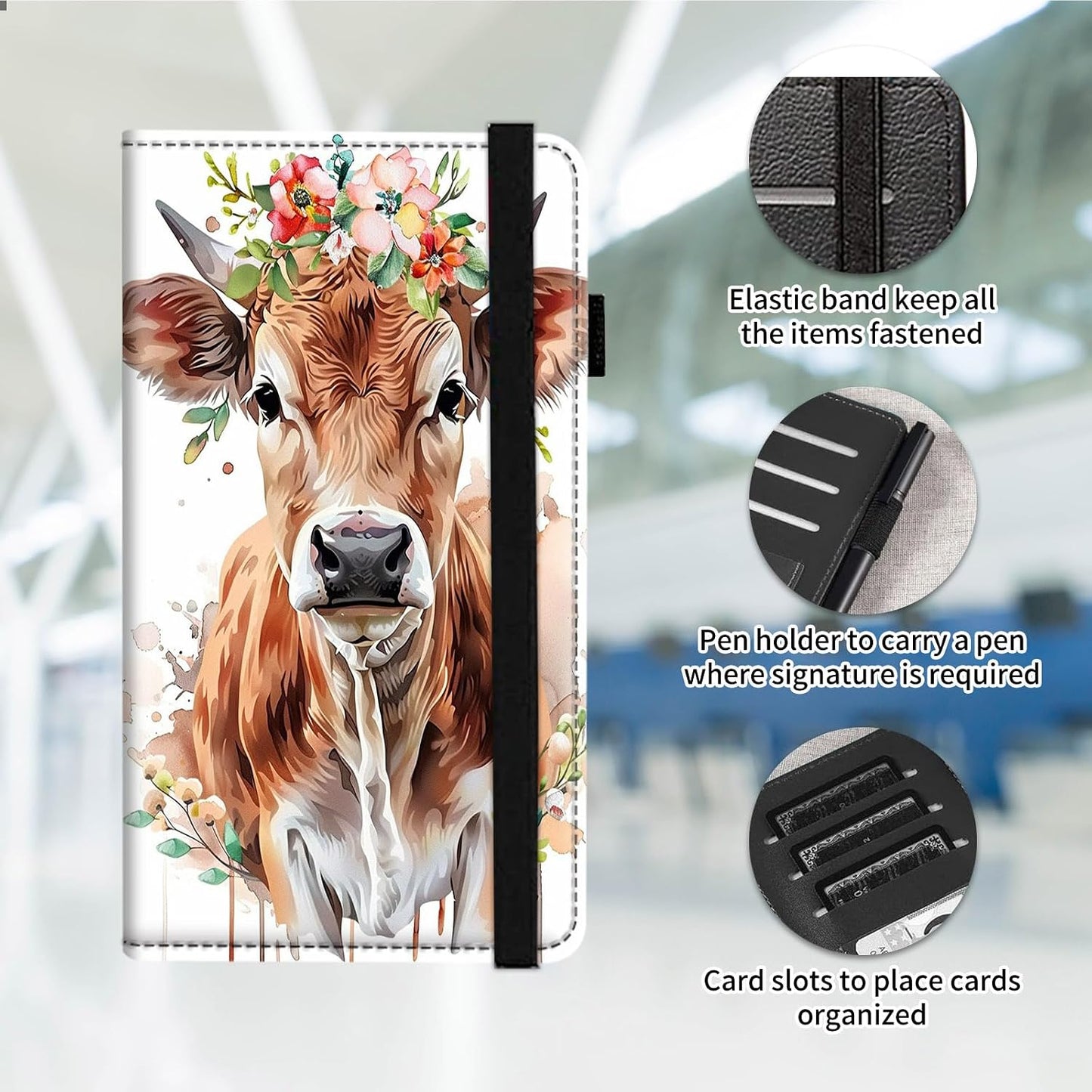HOTCheckbook Cover for Men Women PU Leather Slim Check Book Holder Covers Wallet Case with Card Slots Duplicate Checks Card Pen Holder with RFID Blocking & Elastic Strap,Watercolor Floral Cow