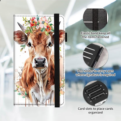 HOTCheckbook Cover for Men Women PU Leather Slim Check Book Holder Covers Wallet Case with Card Slots Duplicate Checks Card Pen Holder with RFID Blocking & Elastic Strap,Watercolor Floral Cow