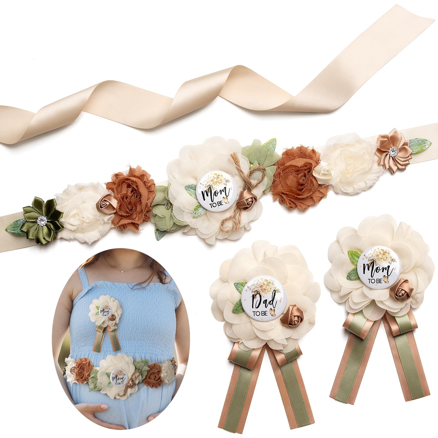 HOTBaby Shower Sash Decorations Mom to Be Corsage Gift Dad to Be Pin 3Pack Set Flower Belt for Maternity Dress - Gender Reveal Pregnancy Photo Props