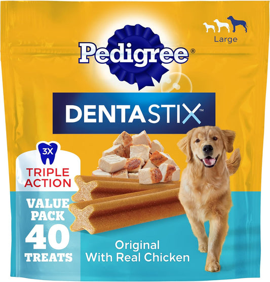 HOTPedigree Dentastix Large Breed Dog Dental Treats, Original, 40 Count | Triple action dental care, reduces tartar, cleans teeth, freshens breath, for dogs 40+ lbs, no added sugar/fillers