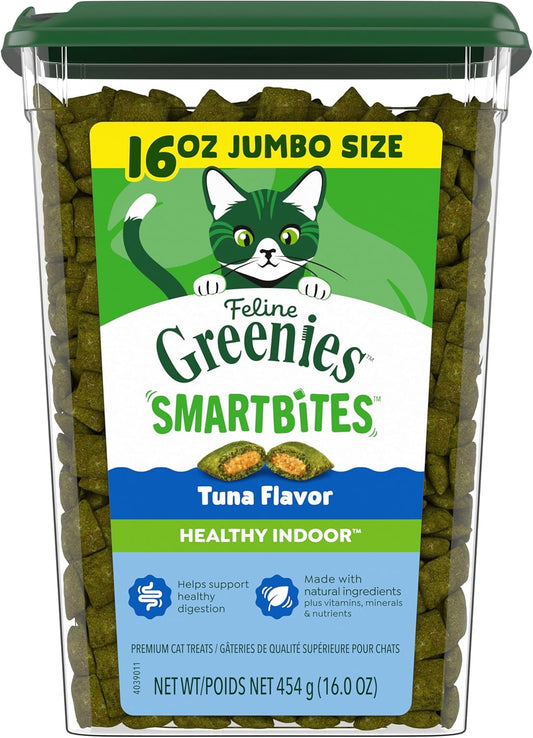 HOTGreenies Feline Smartbites Healthy Indoor Cat Treats, Tuna, 16 oz | Veterinarian-recommended, Fiberblend Formula, supports digestion, under 2 cal per treat, natural ingredients, dual texture