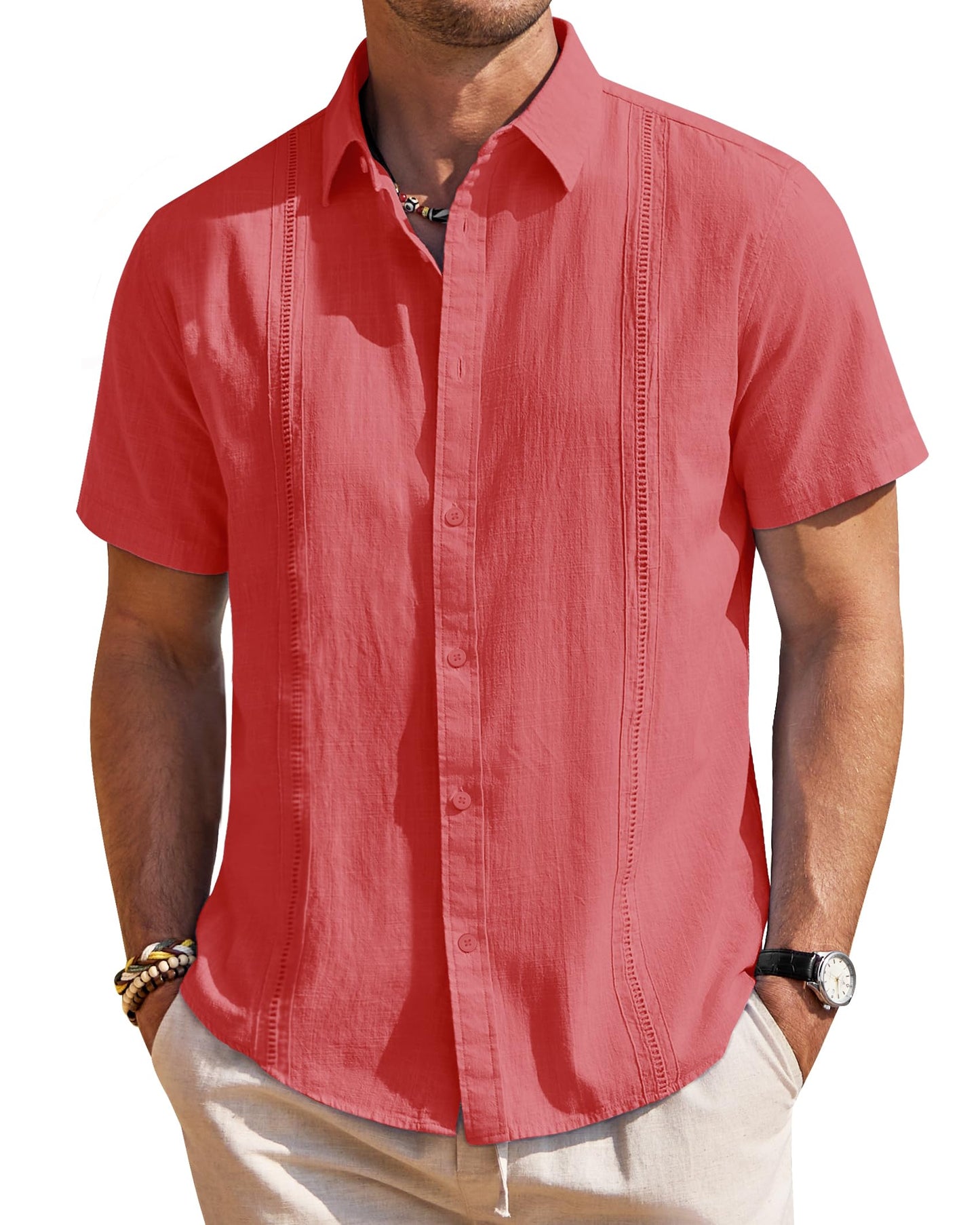 HOTMens Linen Textured Shirt Short Sleeve Button Down Cuban Guayabera Shirt | 100% Cotton, Casual Wear, Lightweight Breathable, Summer Beach, Untucked, Relaxed Fit, Vacation, Cruise, Camp, Collared
