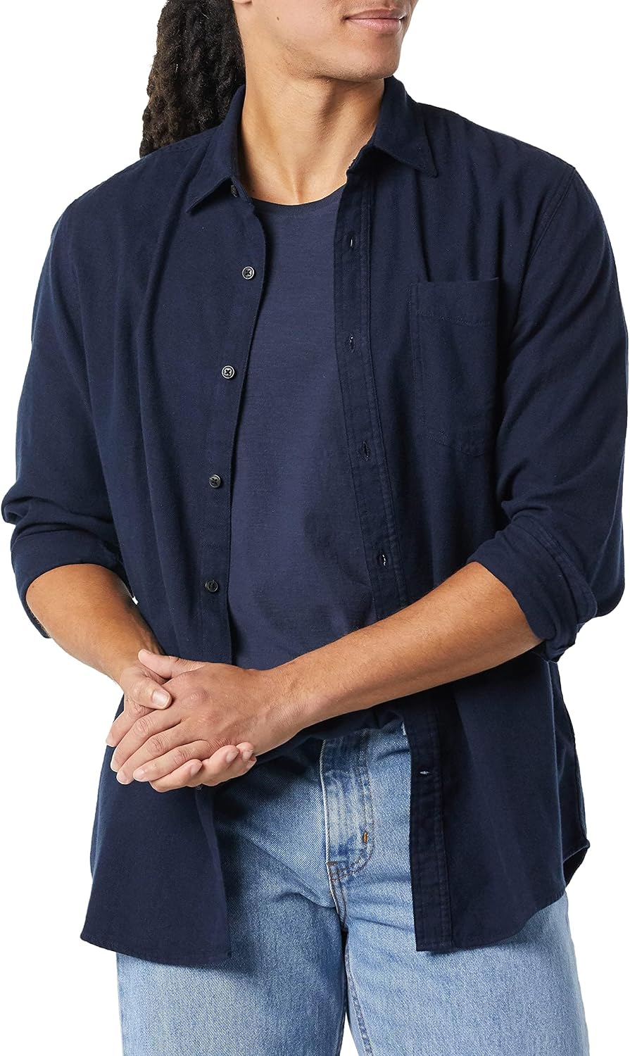 HOTAmazon Essentials Men's Regular Fit Long-Sleeve Flannel Shirt, Soft Brushed Cotton, Lightweight yet Warm