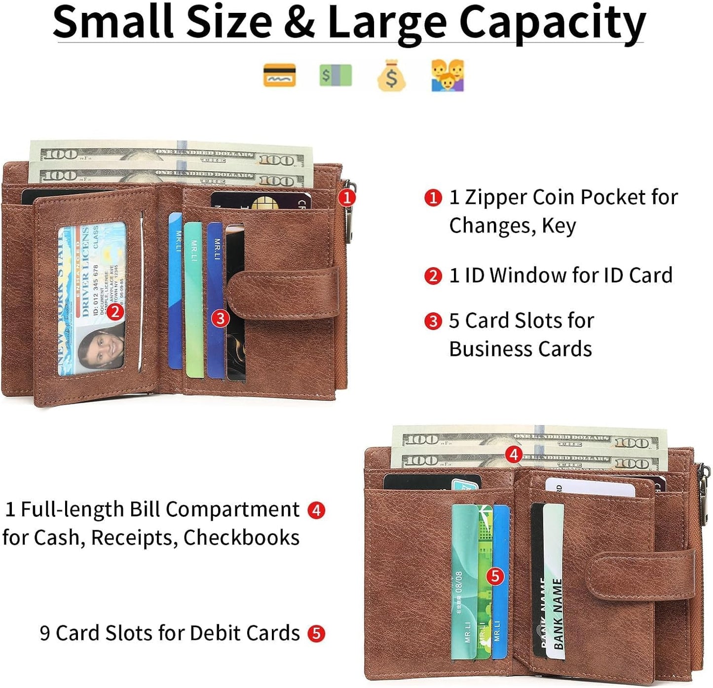 HOTGAEKEAO Small Wallets for Women Vegan Leather RFID Blocking Bifold Zipper Pocket Wallet Card Case Purse with ID Window