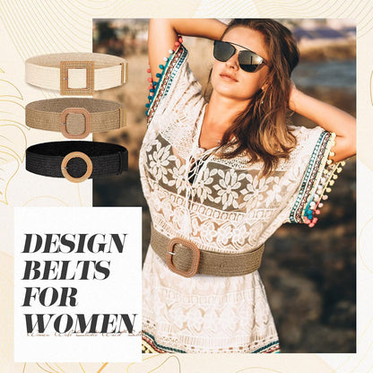 HOTSyhood 3 Pieces Straw Woven Elastic Waist Belt for Women Bohemian Dress Braided Belt