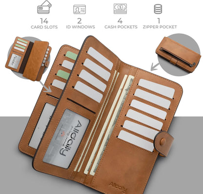 HOTRFID Blocking Leather Wallet for Women, Slim Trifold with 14 Card Slots and Zipper Pocket (Brown)