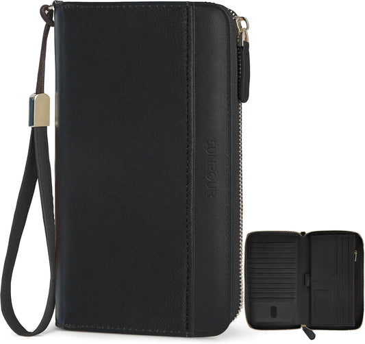 HOTLarge Travel Wallet for Women | RFID Zipper Wallet with AirTag Slot,Passport Holder Clutch with Wristlet