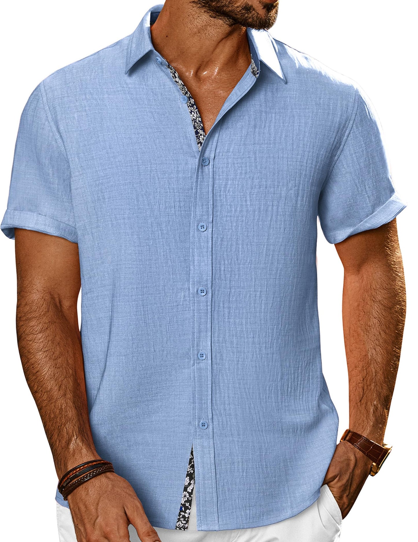 HOTPJ PAUL JONES Mens Short Sleeve Button Down Shirts Casual Summer Clothing | Linen Textured, Summer Beach Vacation Tops, Untucked Dress Shirt, Lightweight, Regular Fit, Fashion Resort Wear
