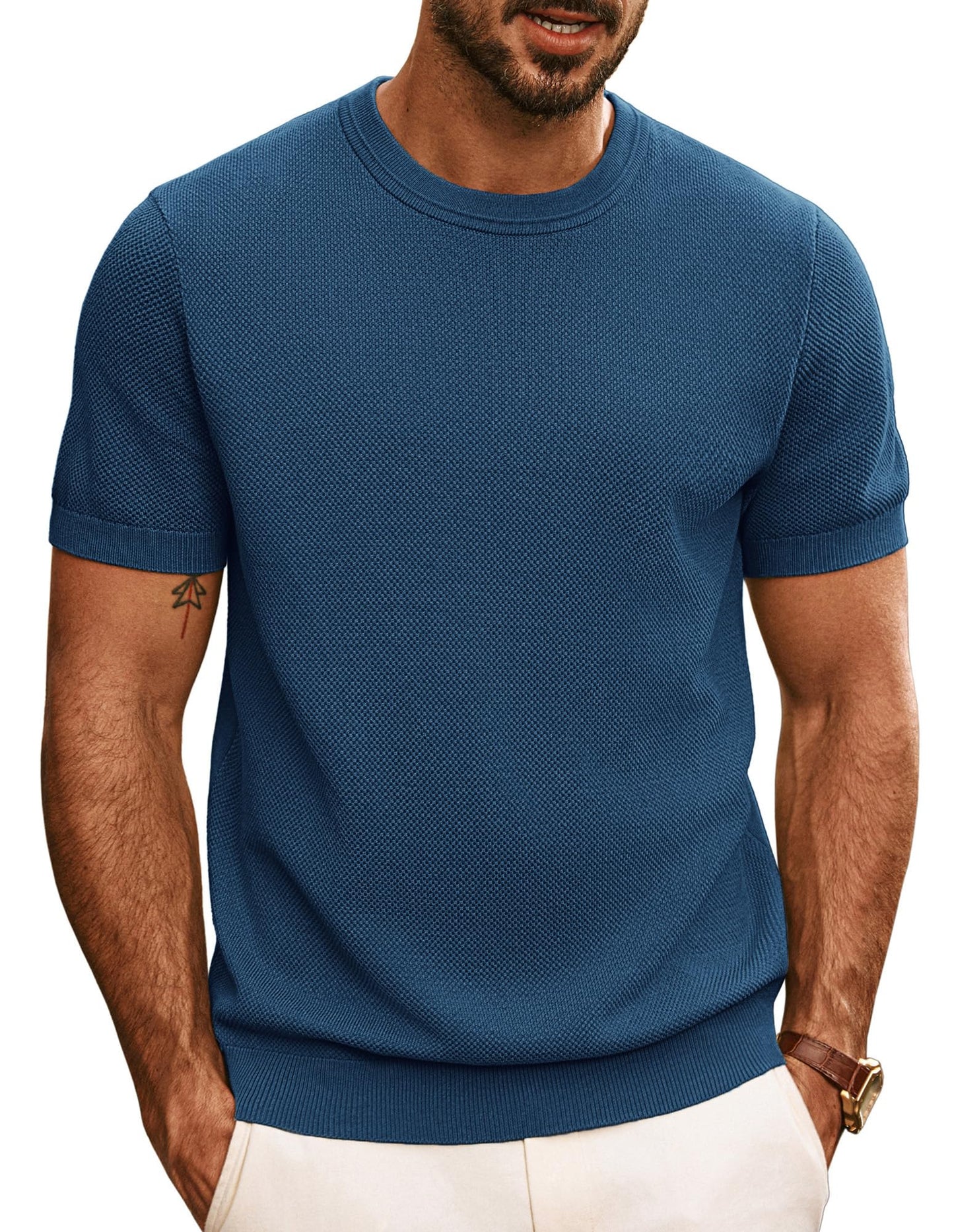 HOTPJ PAUL JONES Mens T Shirts Casual Knit Short Sleeve Tee | Crewneck, Textured Stretch T-Shirts, Lightweight, Comfortable, Breathable, Summer Clothing, Fashion, Classic, Vacation