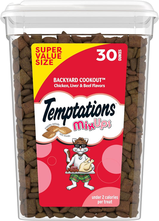 HOTTemptations MixUps Crunchy and Soft Cat Treats, Cookout Flavor, 30 oz | Chicken, liver & beef flavors, under 2 calories per treat, 100% complete & balanced for adult cats, resealable stay-fresh tub